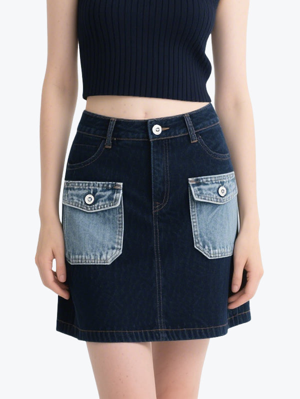 Retro Contrast Denim Skirt Set