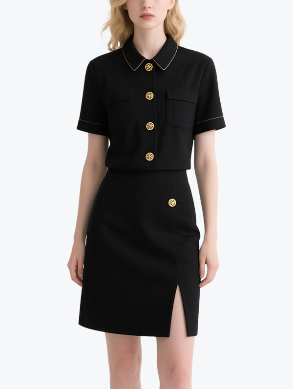 Smart Gold Button Black Skirt Set