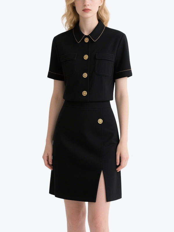 Smart Gold Button Black Skirt Set