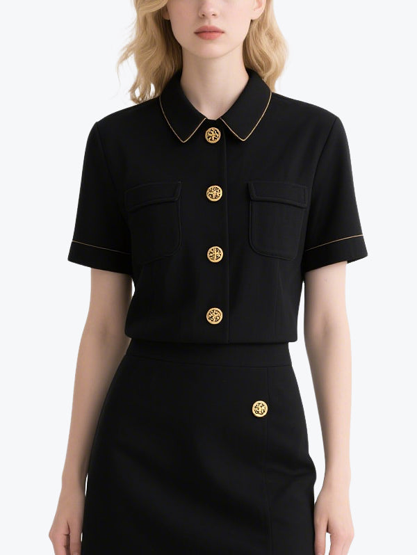 Smart Gold Button Black Skirt Set