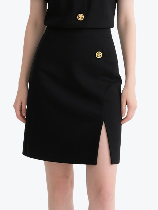 Smart Gold Button Black Skirt Set