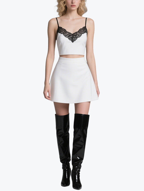Sweet and Cool Lace Patchwork Suspender Skirt Suit