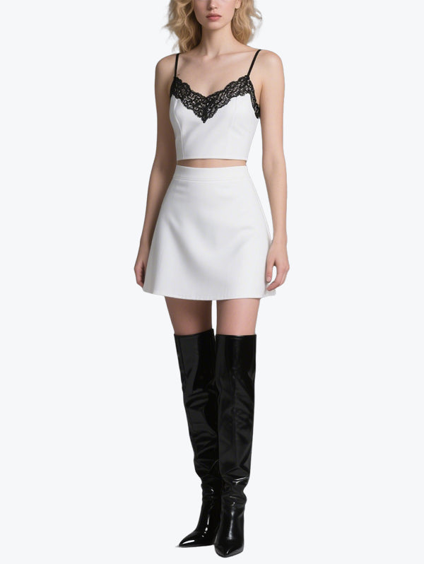Sweet and Cool Lace Patchwork Suspender Skirt Suit