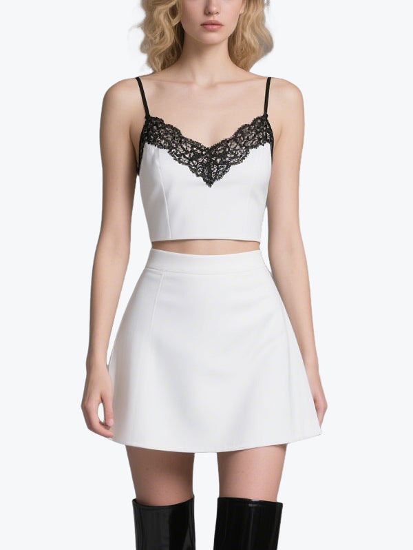 Sweet and Cool Lace Patchwork Suspender Skirt Suit