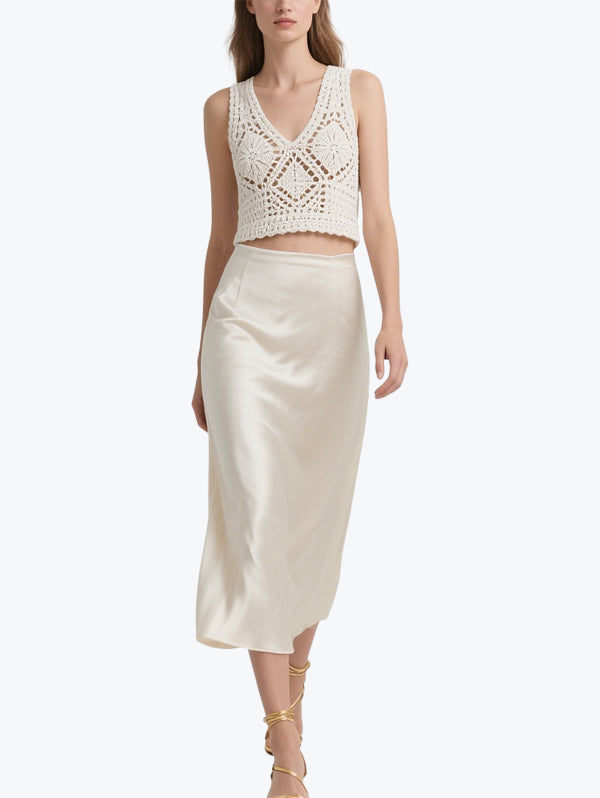 Elegant V-Neck Hook Flower Skirt Set