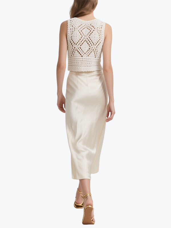 Elegant V-Neck Hook Flower Skirt Set