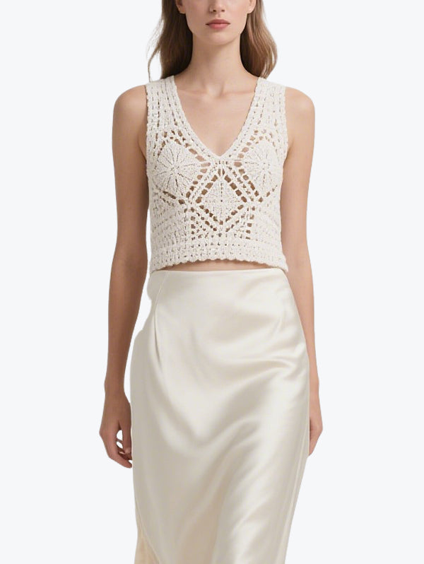 Elegant V-Neck Hook Flower Skirt Set