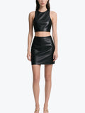 Smart Sleeveless Leather Skirt Set