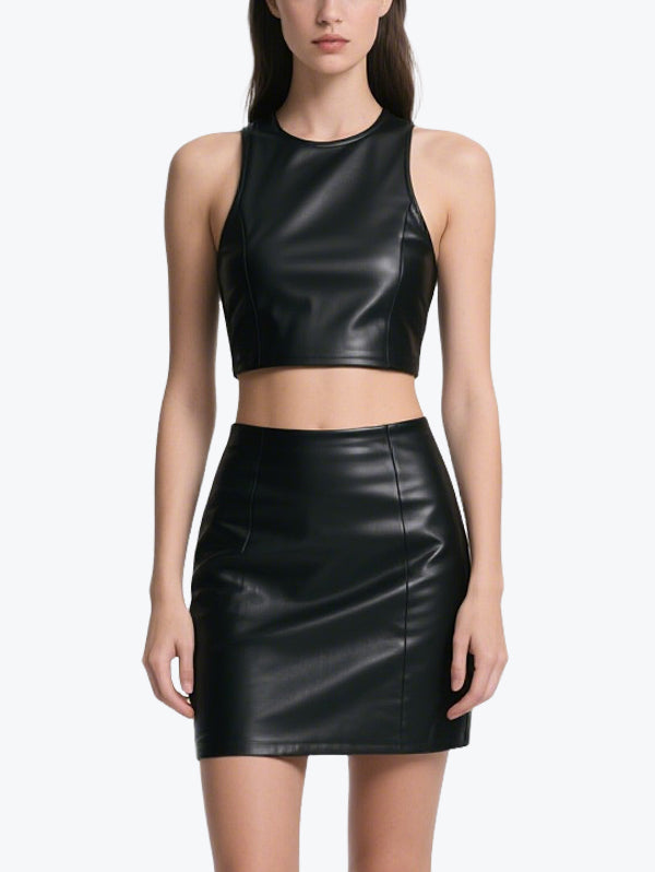 Smart Sleeveless Leather Skirt Set
