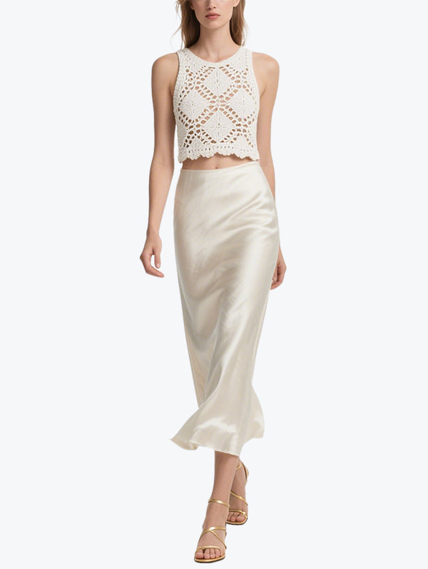 Fresh Hook Flower Satin Skirt Set