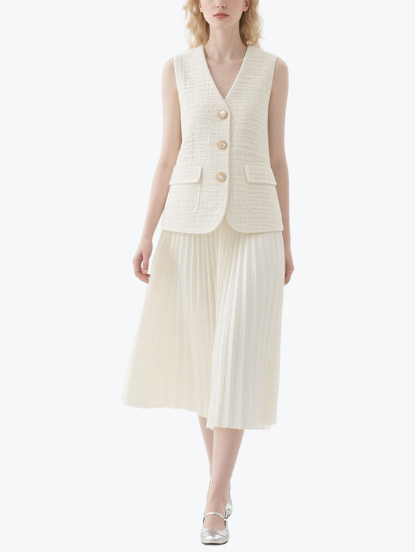 Chanel Style Vest Pleated Skirt Suit
