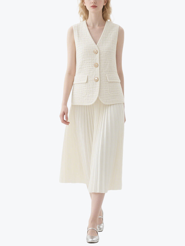 Chanel Style Vest Pleated Skirt Suit