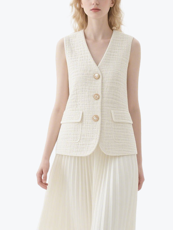 Chanel Style Vest Pleated Skirt Suit