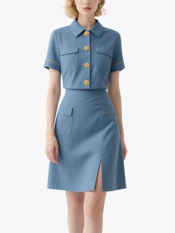 Vintage Gold Button Short-Sleeved Skirt Suit