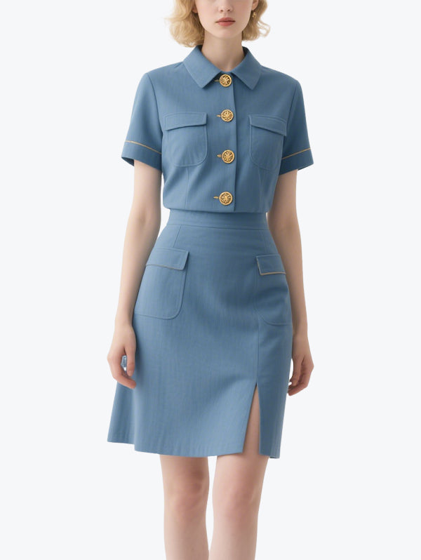 Vintage Gold Button Short-Sleeved Skirt Suit