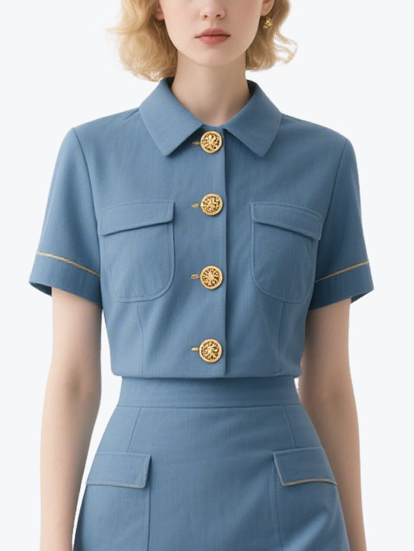 Vintage Gold Button Short-Sleeved Skirt Suit