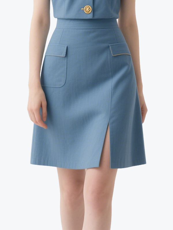 Vintage Gold Button Short-Sleeved Skirt Suit