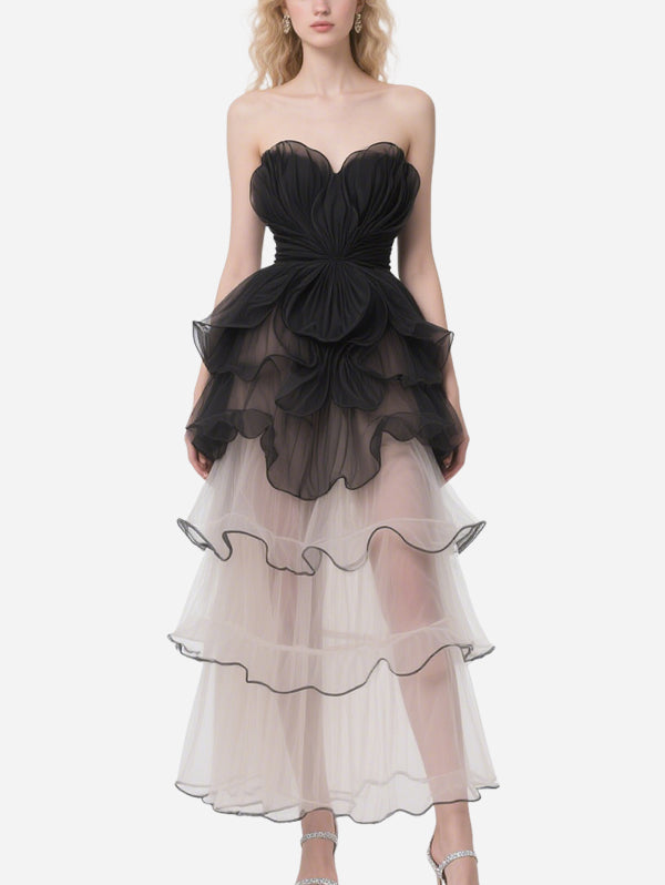 Elegant Black Tulle Layered Tube Top Dress