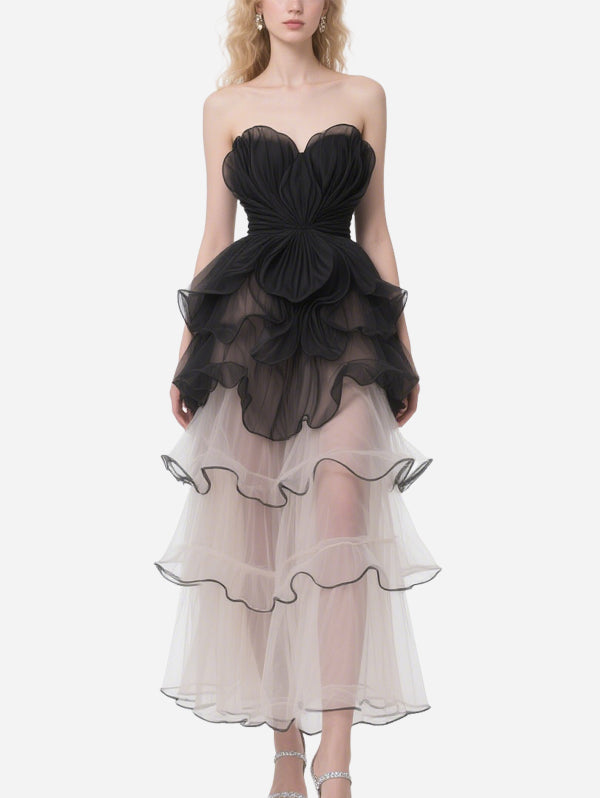 Elegant Black Tulle Layered Tube Top Dress