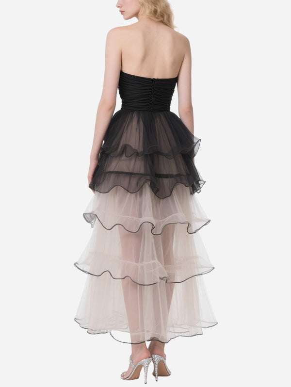 Elegant Black Tulle Layered Tube Top Dress