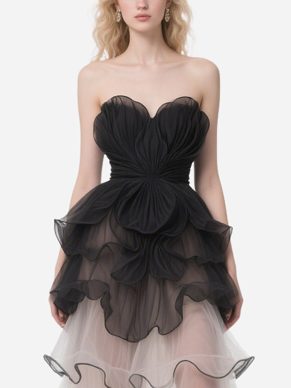Elegant Black Tulle Layered Tube Top Dress
