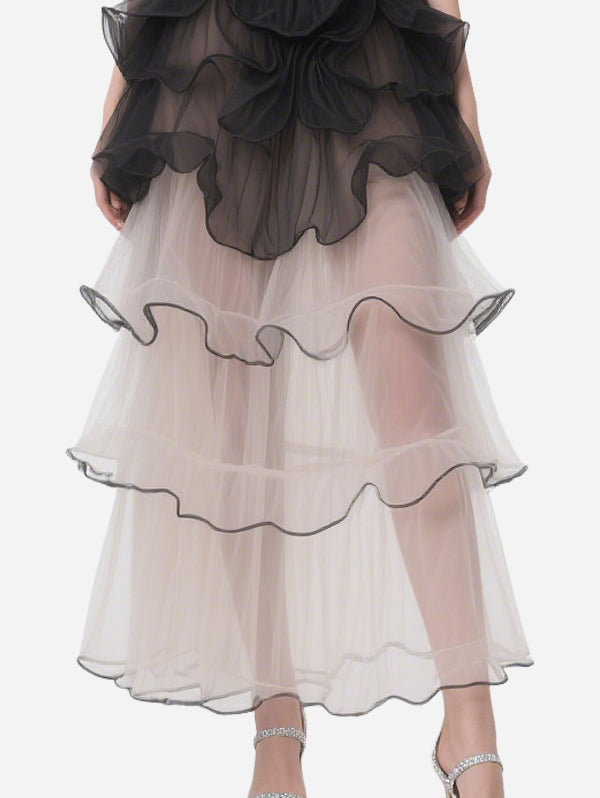 Elegant Black Tulle Layered Tube Top Dress