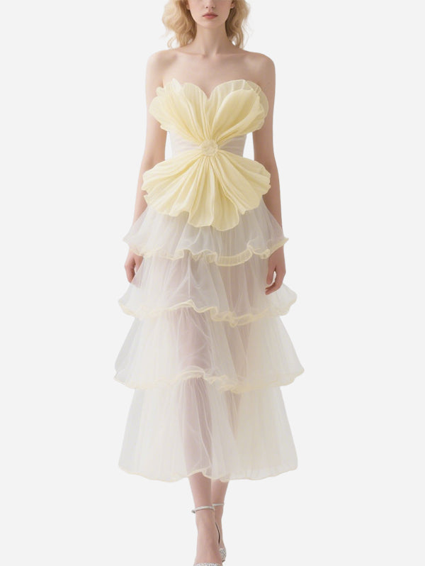 Fresh Yellow Tulle Flower Tube Top Tulle Skirt