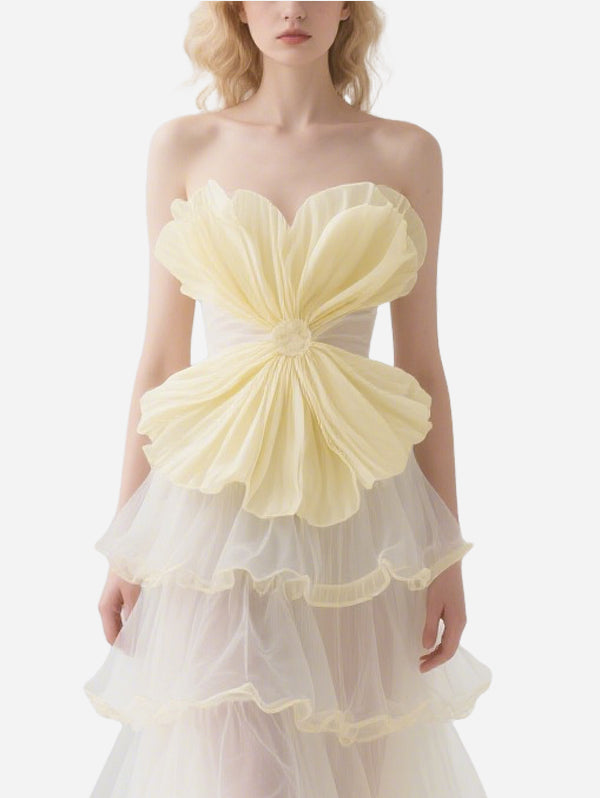 Fresh Yellow Tulle Flower Tube Top Tulle Skirt