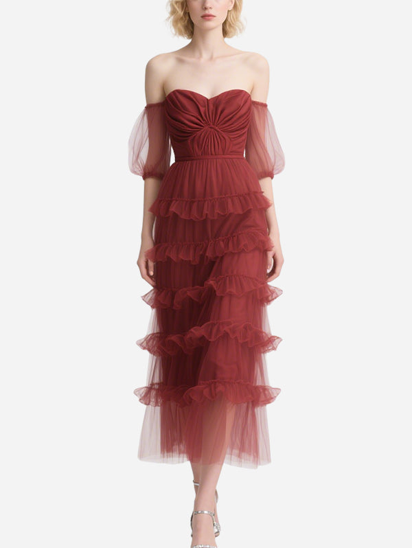 Vintage Puff Sleeve Red Tulle Skirt