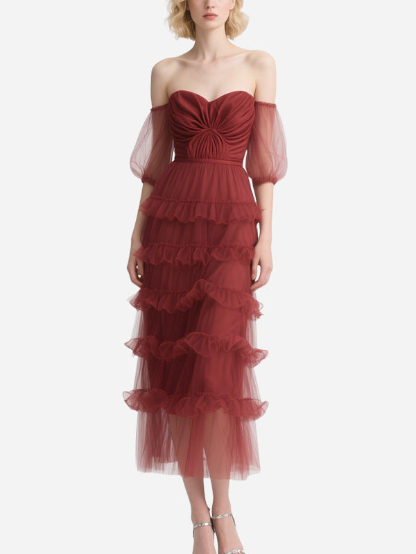 Vintage Puff Sleeve Red Tulle Skirt