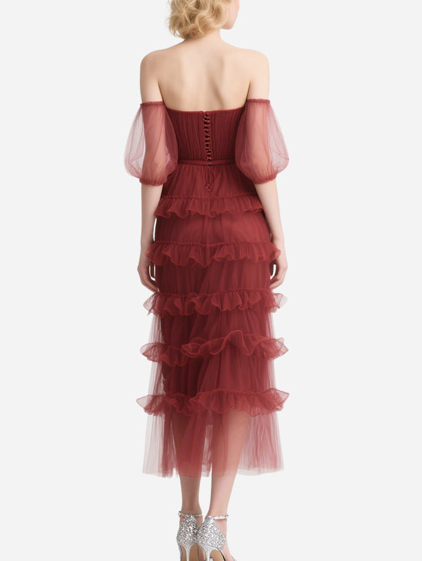 Vintage Puff Sleeve Red Tulle Skirt