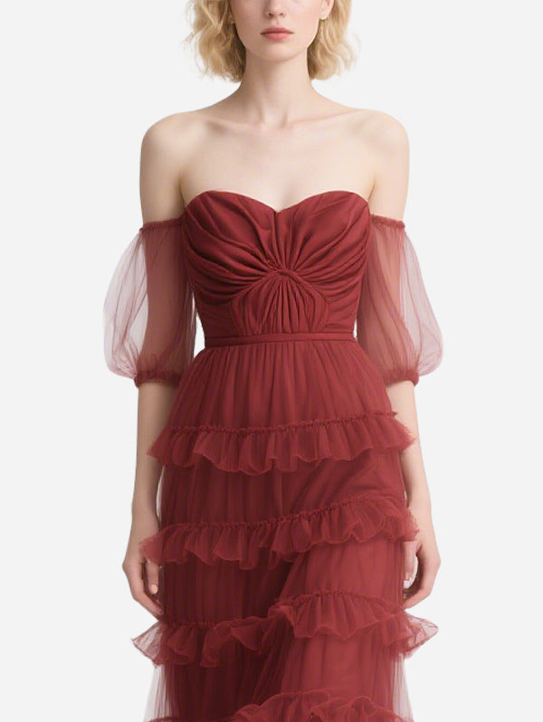 Vintage Puff Sleeve Red Tulle Skirt