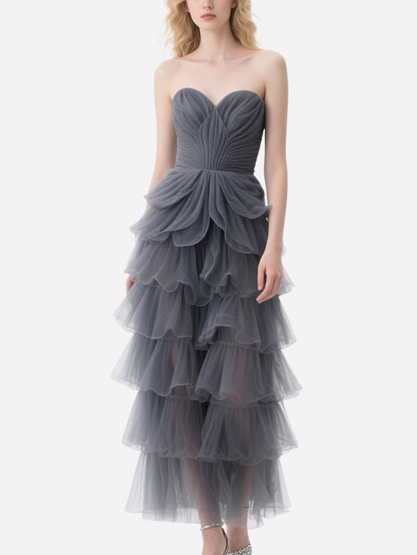 Elegant Layered Gray Tulle Long Skirt