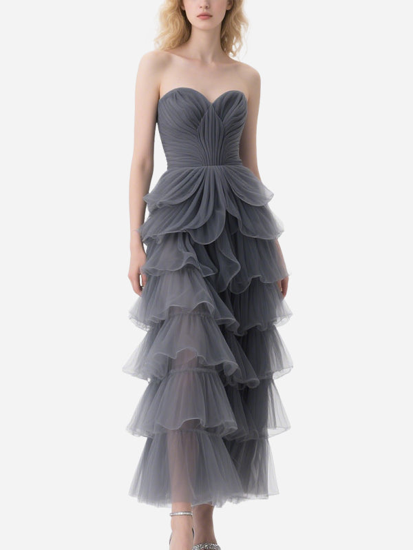 Elegant Layered Gray Tulle Long Skirt