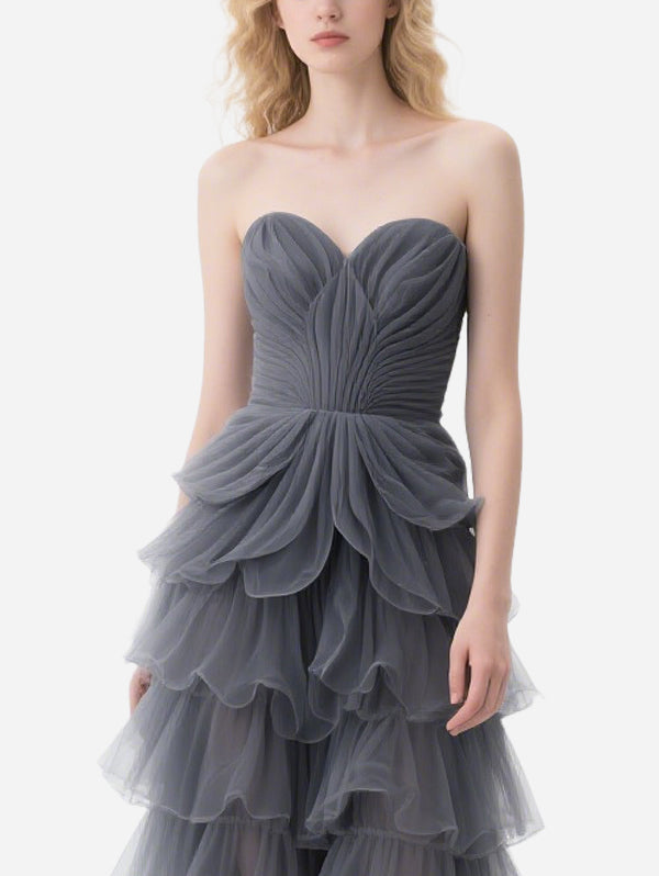 Elegant Layered Gray Tulle Long Skirt