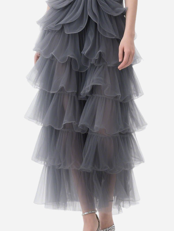 Elegant Layered Gray Tulle Long Skirt