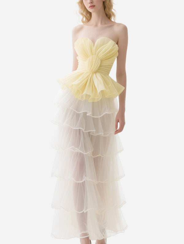 Sweet Yellow and White Patchwork Long Skirt