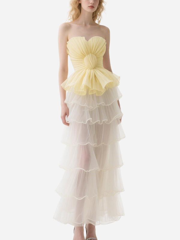 Sweet Yellow and White Patchwork Long Skirt