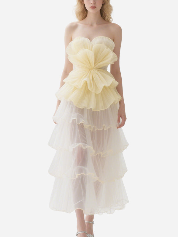 Sweet Flower Decorated Tube Top Tulle Skirt