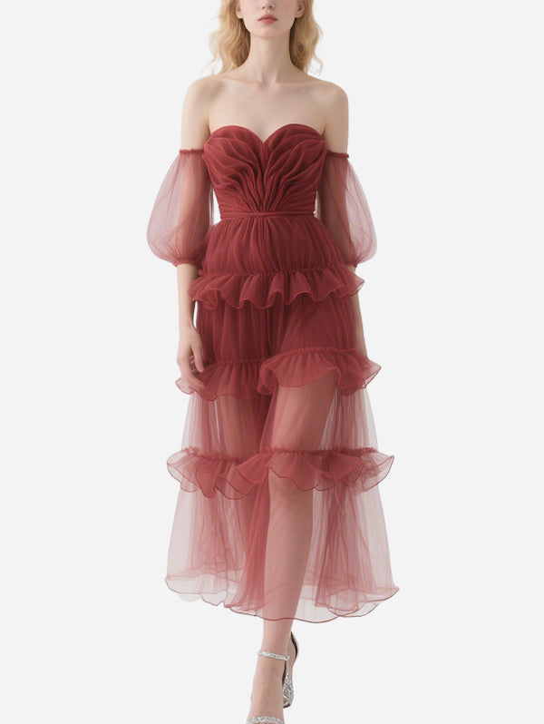 Elegant Off-Shoulder Red Gauze Skirt