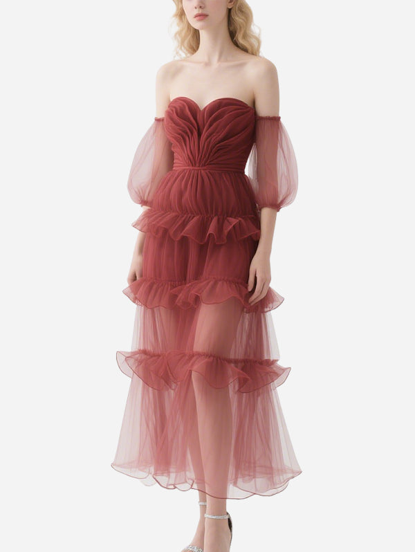 Elegant Off-Shoulder Red Gauze Skirt
