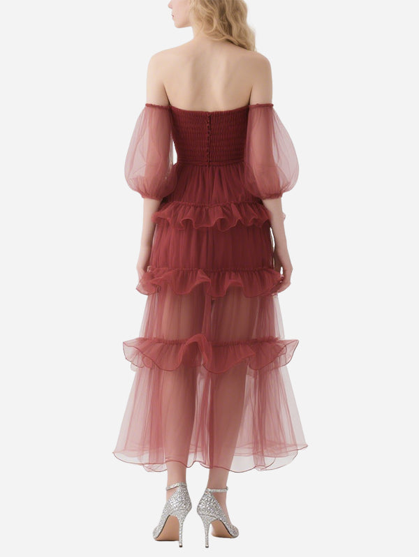 Elegant Off-Shoulder Red Gauze Skirt