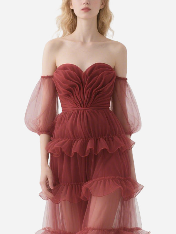 Elegant Off-Shoulder Red Gauze Skirt