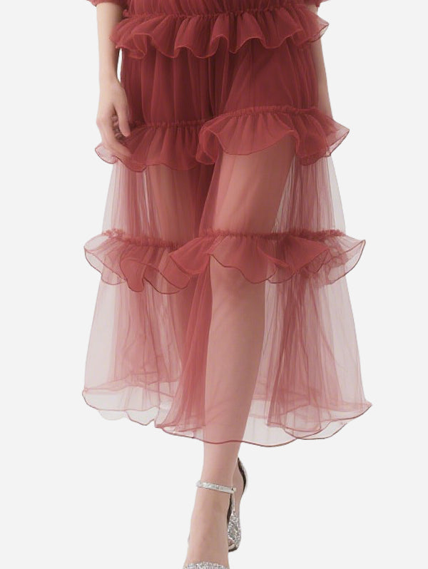 Elegant Off-Shoulder Red Gauze Skirt