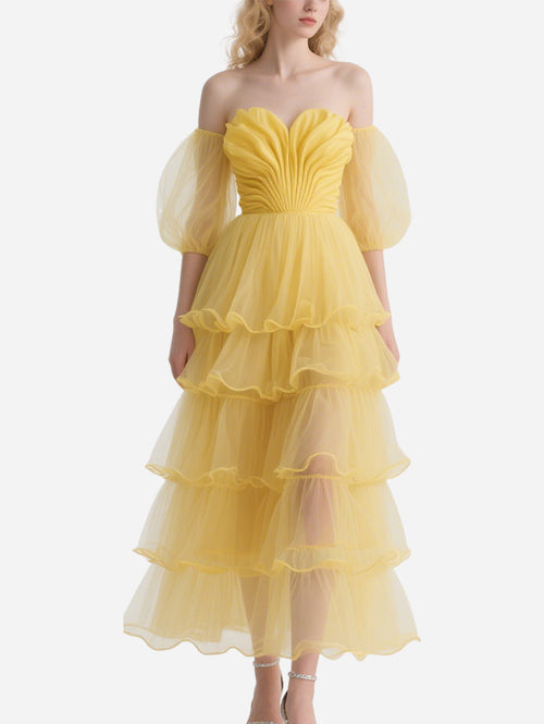 Bright Yellow Gauze Off-Shoulder Skirt