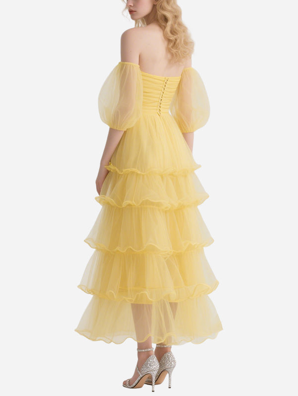 Bright Yellow Gauze Off-Shoulder Skirt