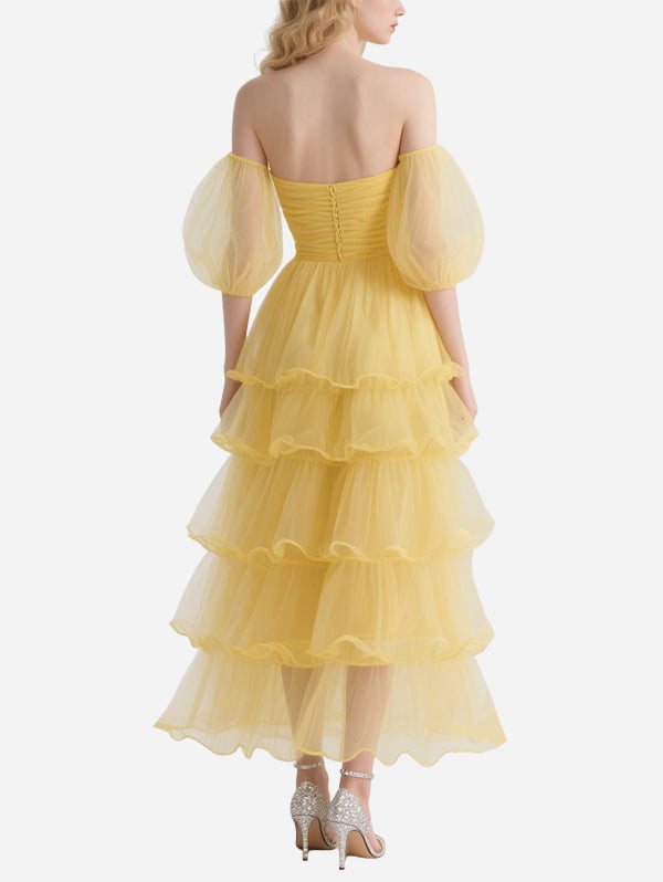 Bright Yellow Gauze Off-Shoulder Skirt