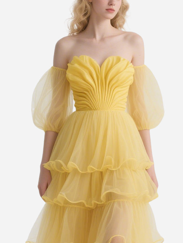 Bright Yellow Gauze Off-Shoulder Skirt
