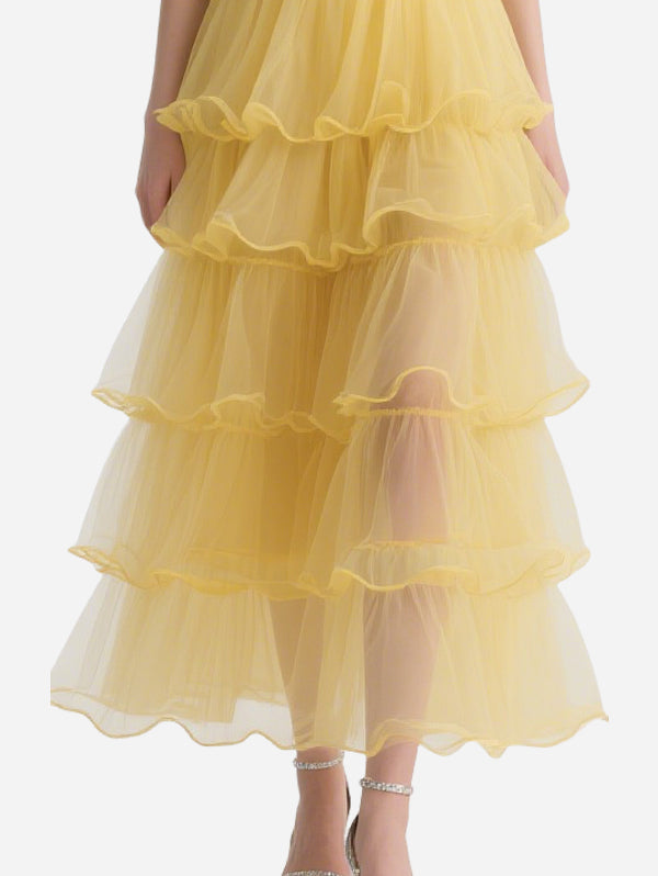 Bright Yellow Gauze Off-Shoulder Skirt