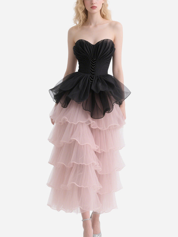 Sweet and Cool Contrasting Cascading Tube Top Skirt